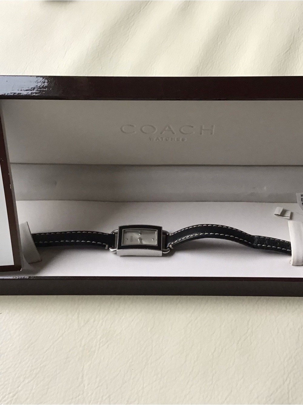 Coach Silver-Tone Rectangular Watch with Black Leather Strap